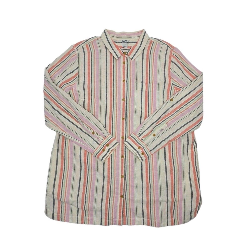 Duluth Shirt Hemp Organic Cotton Men XXL Pink Ivory Stripe Long Sleeve Button
